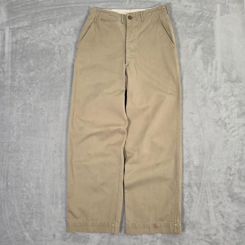 Vtg 1940s US Army Military Pants Mens 28x29 Chinos Khaki Button Fly Trousers WW2